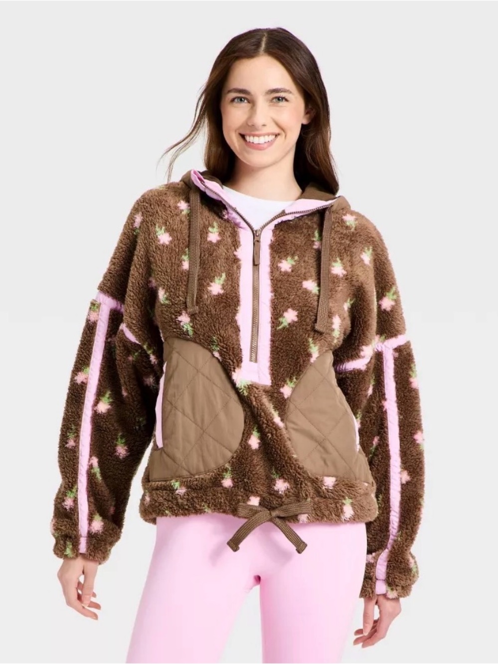 Women's Contrast High Pile 1/2 Zip Jacket - JoyLab Brown Floral